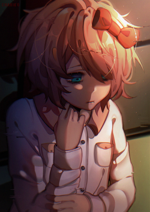 1girl, blue_eyes, bow, chariko, doki_doki_literature_club, glitch, hair_bow, hair_over_one_eye