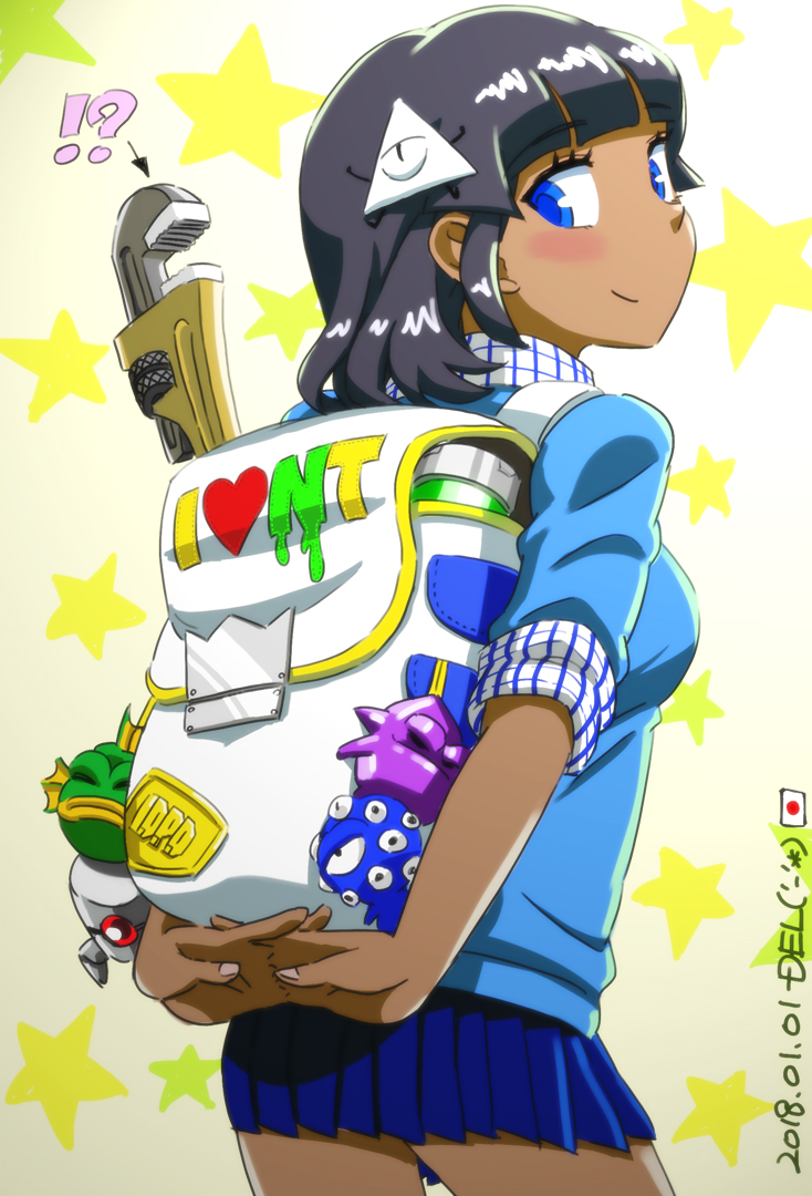 !?, 1girl, arms_behind_back, artist_name, backpack, bag, black_hair, blue_eyes, blue_skirt, blue_sweater, blush, breasts, closed_mouth, commentary_request, crystal_(nuclear_throne), dark_skin, dated, del, eyebrows_visible_through_hair, eyes_(nuclear_throne), fish_(nuclear_throne), from_behind, hair_ornament, heart, japanese_flag, looking_at_viewer, looking_back, medium_breasts, nuclear_throne, number, own_hands_together, pleated_skirt, robot_(nuclear_throne), rogue_(nuclear_throne), short_hair, skirt, smile, solo, star, starry_background, sweater, uniform, white_background, wrench, yung_venuz