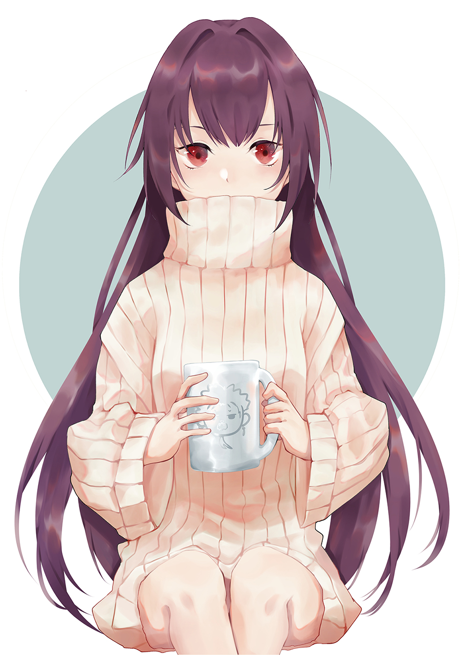 1girl, breasts, coffee_mug, covered_mouth, cup, fate/grand_order, fate_(series), hair_intakes