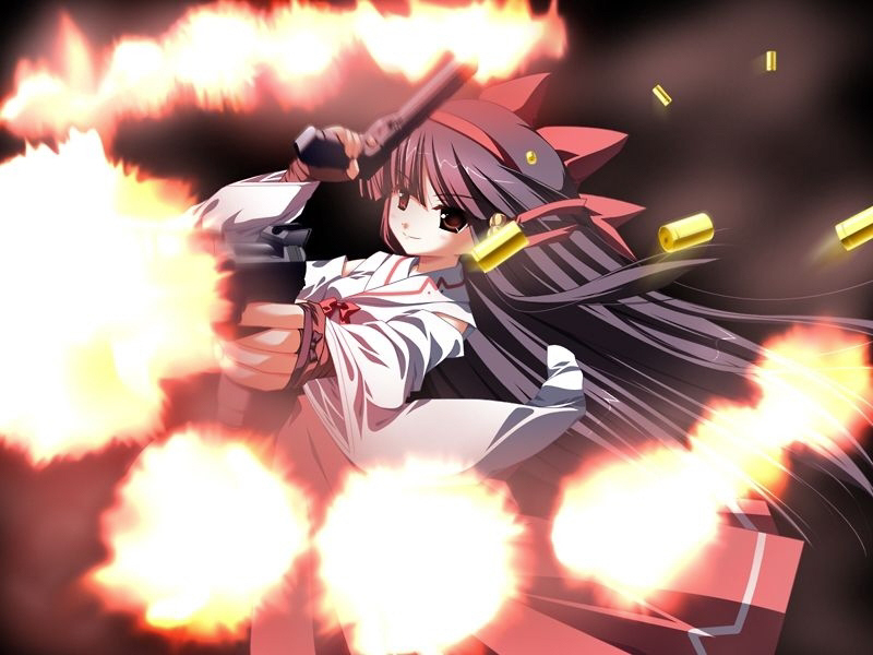 firing, game_cg, gun, handgun, japanese_clothes, kuonji_rin, long_hair, miko