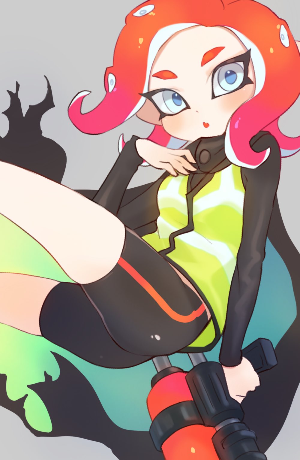 1girl, :o, agent_8, ass, bike_shorts, black_cape, breasts, cape, fang, green_vest, grey_background, grey_eyes, hand_up, highres, holding, jtveemo, long_hair, long_sleeves, looking_at_viewer, octarian, octoling, octoshot_(splatoon), open_mouth, redhead, small_breasts, solo, splatoon, splatoon_(series), splatoon_2, splatoon_2:_octo_expansion, squidbeak_splatoon, suction_cups, tentacle_hair, torn_cape, torn_clothes, vest
