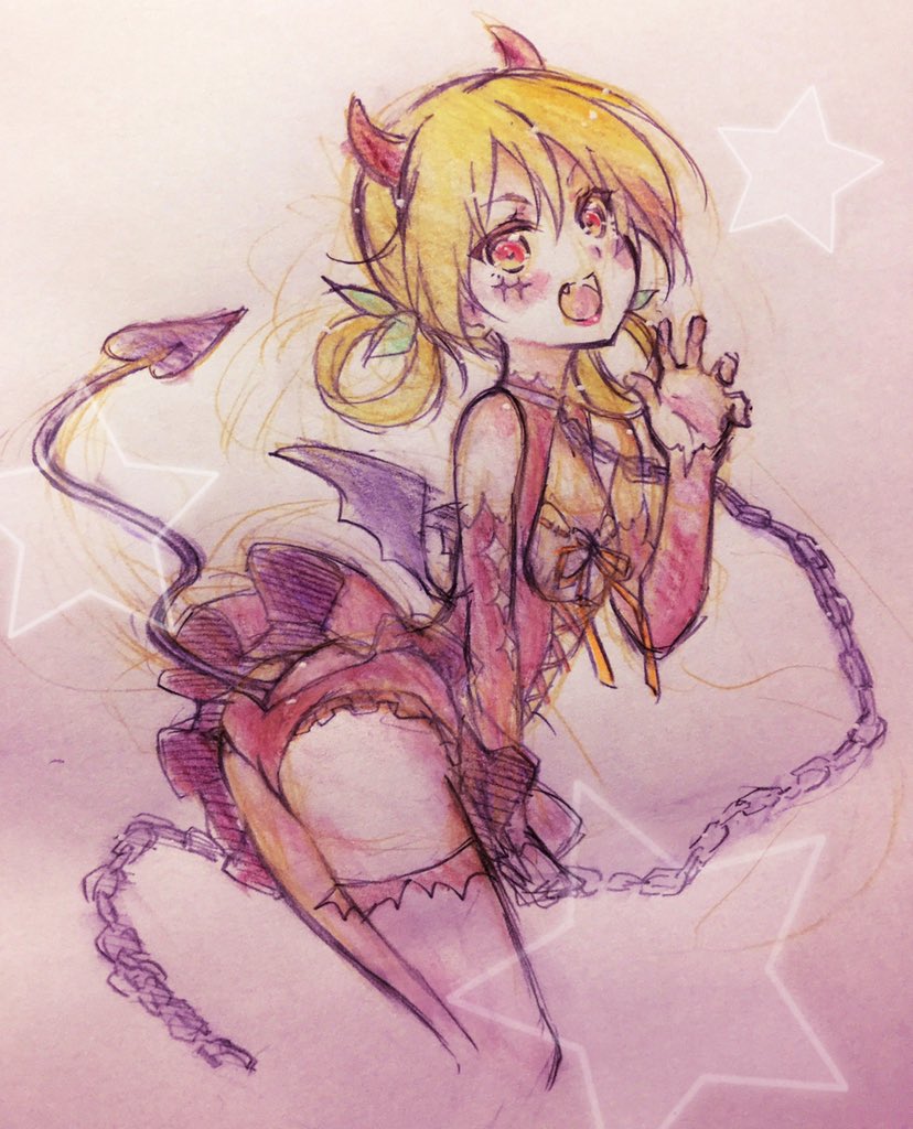 1girl, arched_back, ass, bare_shoulders, blush, chains, check_character, commentary_request, cropped_legs, cross-laced_clothes, demon_girl, demon_horns, demon_tail, demon_wings, from_side, hair_rings, halloween, hand_up, horns, lips, looking_at_viewer, looking_to_the_side, low_wings, medium_hair, medium_request, netoge_no_yome_wa_onna_no_ko_janai_to_omotta?, open_mouth, schwein_(netoge_no_yome), single_thighhigh, sketch, solo, tail, tail_raised, thigh-highs, traditional_media, wings, yano_akane