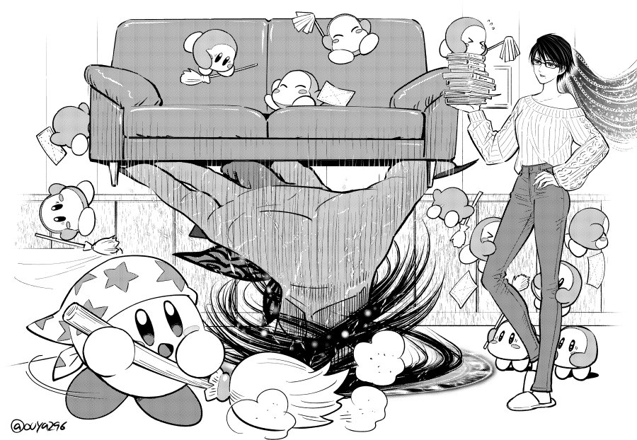 >_<, 1girl, 6+others, alternate_costume, bandanna, bayonetta, bayonetta_(character), bayonetta_2
