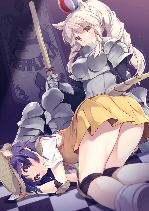 2girls, all_fours, animal_ears, armadillo_ears, armadillo_girl, armadillo_tail, armor, ball