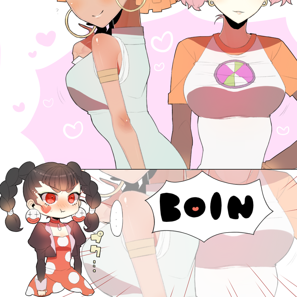 2koma, 3girls, anetta, bangs, bare_arms, black_hair, blunt_bangs, blush