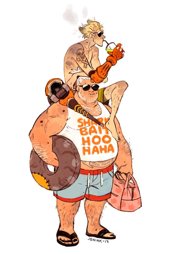2boys, beard, blonde_hair, carrying, clothes_writing, cup, drinking_straw, facial_hair, fat, fat_man, jeniak, junkrat_(overwatch), mechanical_arm, multiple_boys, overwatch, prosthesis, prosthetic_leg, roadhog_(overwatch), sandals, shirtless, short_ponytail, shorts, shoulder_carry, sunglasses, tank_top, tattoo, white_hair