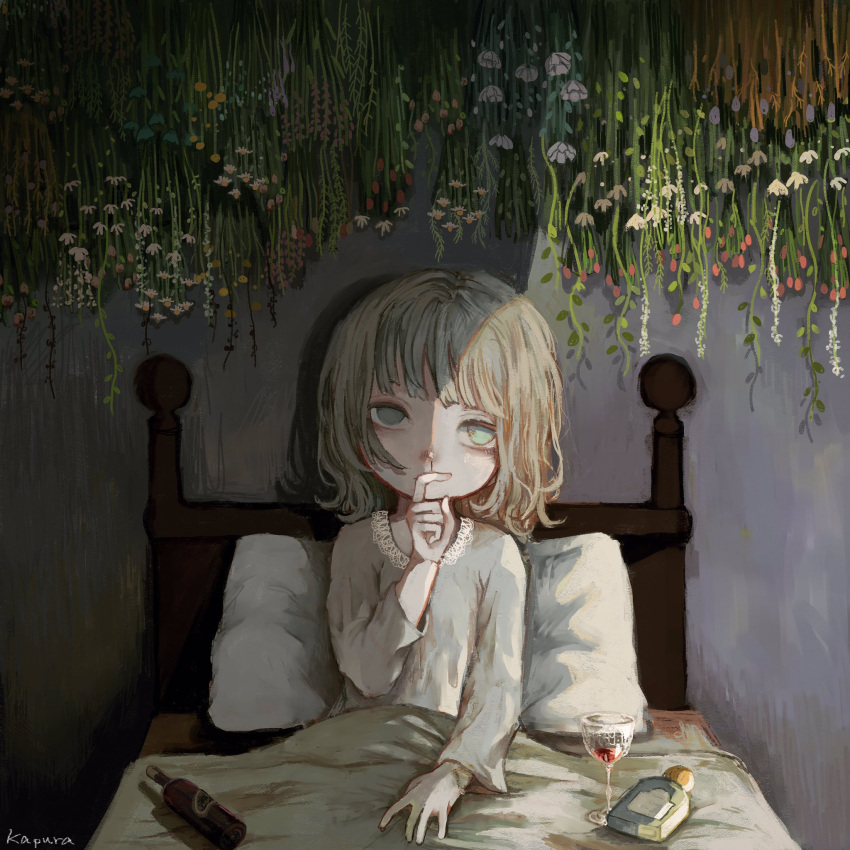 1girl, aqua_eyes, bangs, bed, bed_sheet, blood, blue_flower, bottle
