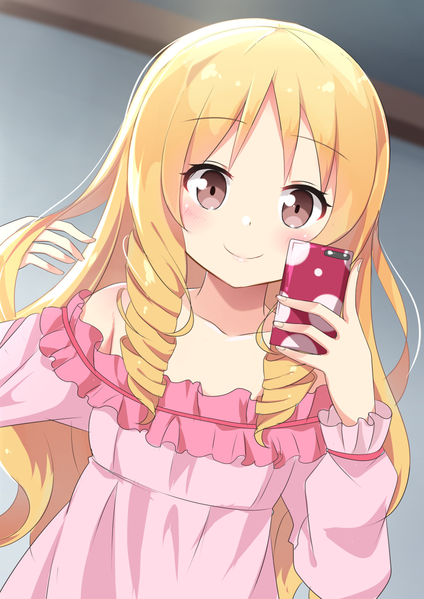 1girl, absurdres, agung_syaeful_anwar, bangs, bare_shoulders, blonde_hair, blurry, blurry_background, brown_eyes, cellphone, closed_mouth, commentary, depth_of_field, dress, dutch_angle, english_commentary, eromanga_sensei, eyebrows_visible_through_hair, fingernails, hands_up, highres, holding, holding_cellphone, holding_phone, indoors, long_hair, long_sleeves, off-shoulder_dress, off_shoulder, phone, pink_dress, ringlets, self_shot, smile, solo, upper_body, very_long_hair, yamada_elf