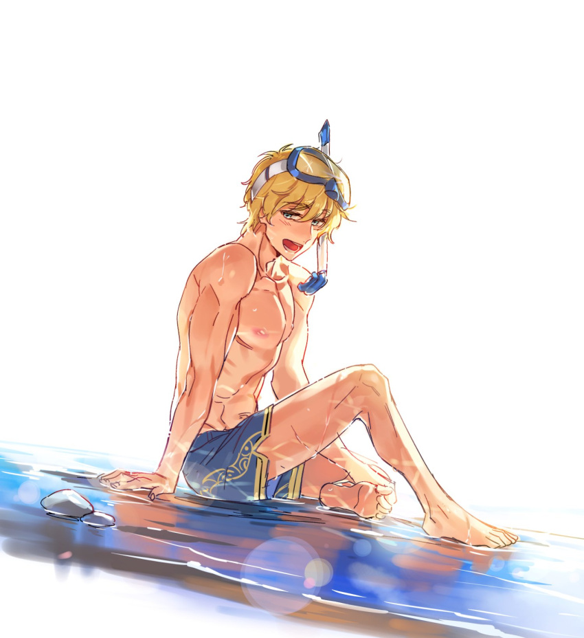 1boy, arm_support, bare_chest, barefoot, blonde_hair, bloom, blue_eyes, chest