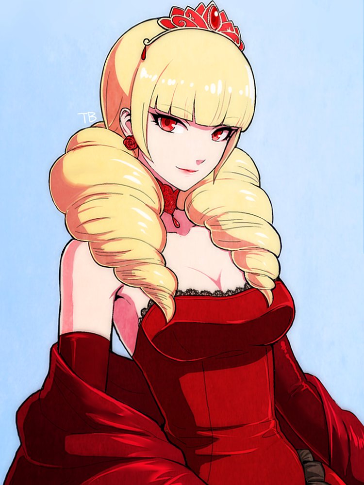 1girl, bangs, bare_shoulders, blonde_hair, choker, closed_mouth, crown, dress, drill_hair, earrings, eyebrows_visible_through_hair, jewelry, long_hair, looking_at_viewer, mini_crown, red_dress, red_eyes, rose_bernstein, smile, snk, solo, tb_(spr1110), the_king_of_fighters, twin_drills, twintails