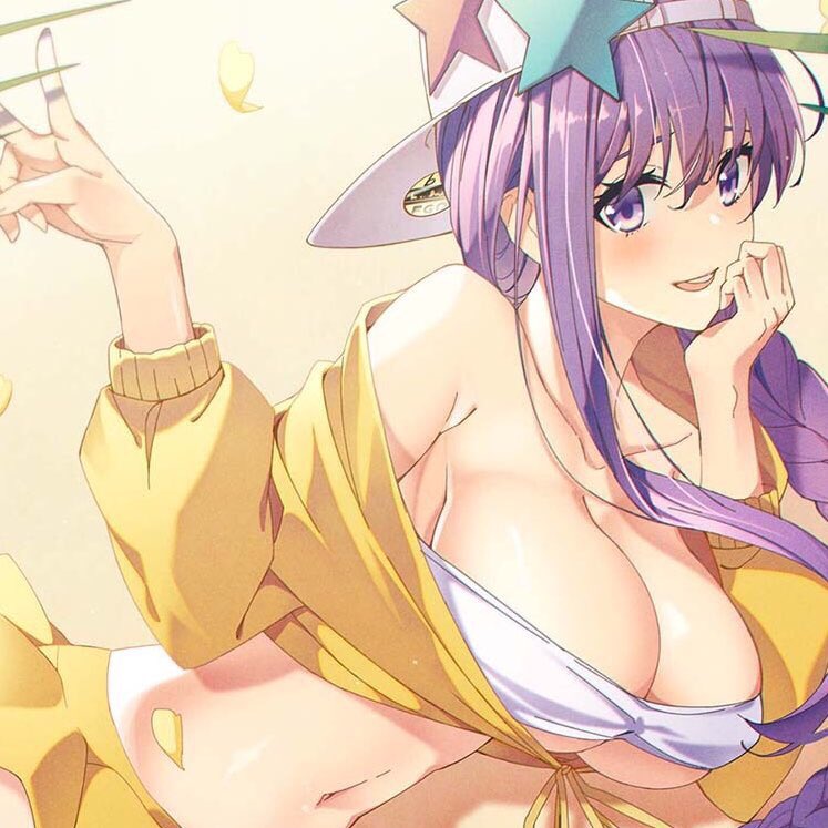 1girl, backwards_hat, bandeau, bangs, baseball_cap, bb_(fate)_(all), bb_(swimsuit_mooncancer)_(fate), blush