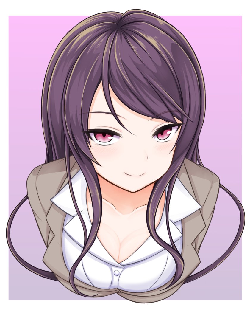 1girl, bangs, blush, breasts, brown_jacket, buttons, cleavage, closed_mouth, collarbone, dress_shirt, from_above, gundou_mirei, jacket, long_hair, looking_at_viewer, nijisanji, patyu3, red_eyes, shirt, smile, solo, swept_bangs, upper_body, virtual_youtuber, wing_collar