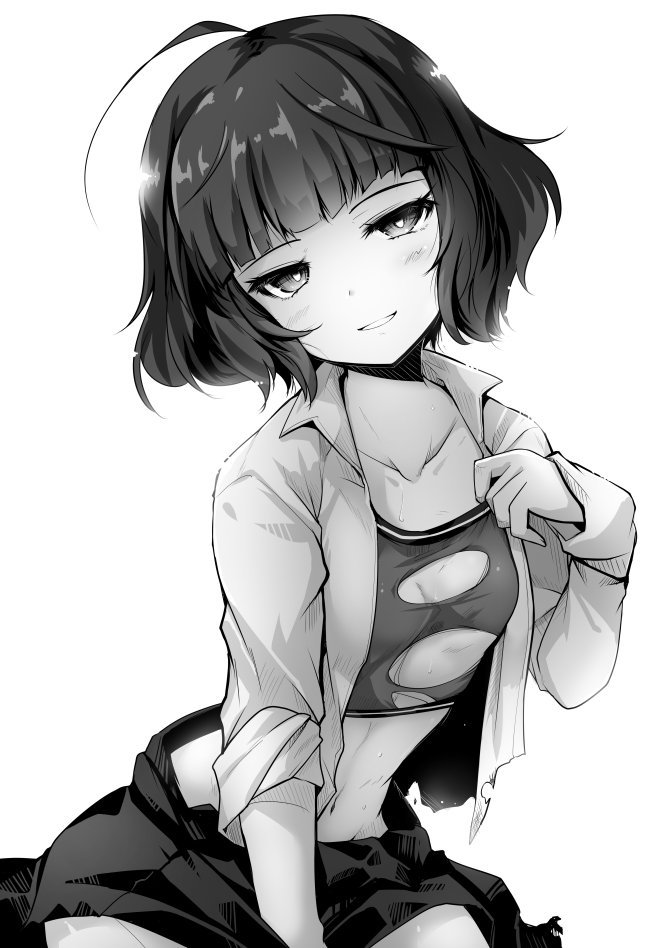 1girl, ahoge, ai_takurou, bangs, blunt_bangs, blush, bra, breasts