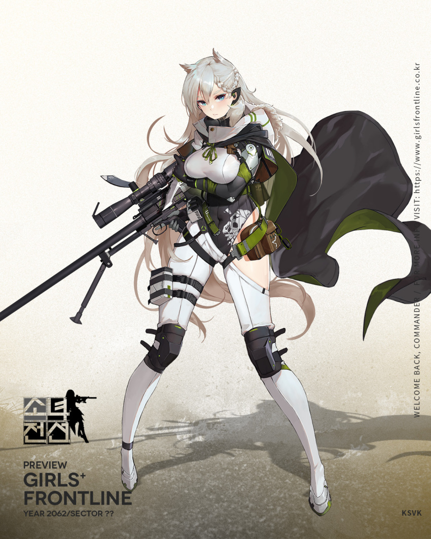 1girl, animal_ears, ankle_strap, anti-materiel_rifle, arm_under_breasts, asymmetrical_clothes, bag, bangs, bipod, blonde_hair, blue_eyes, blush, braid, breasts, character_name, cloak, combat_knife, covered_navel, elbow_gloves, floating_hair, full_body, fur-trimmed_cloak, girls_frontline, glasses, gloves, green-framed_eyewear, grey_cloak, grey_gloves, grey_leotard, gun, headset, highres, hip_vent, holding, holding_gun, holding_knife, holding_weapon, jacket, knee_pads, knife, ksvk_(girls_frontline), ksvk_12.7, large_breasts, leotard, long_hair, looking_at_viewer, multiple_straps, official_art, pandea_work, pants, parted_lips, partly_fingerless_gloves, pouch, rifle, scarf, shoes, sidelocks, skindentation, smoke_grenade, snap-fit_buckle, sniper_rifle, solo, thick_eyebrows, thigh_strap, trigger_discipline, very_long_hair, weapon, white_pants, wind