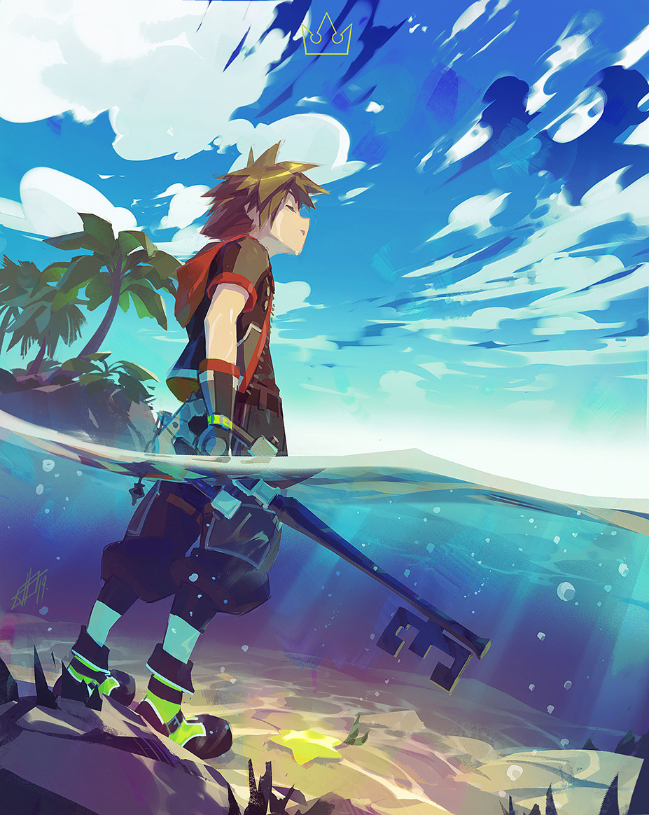 1boy, air_bubble, beach, belt, blue_sky, brown_hair, bubble, closed_eyes