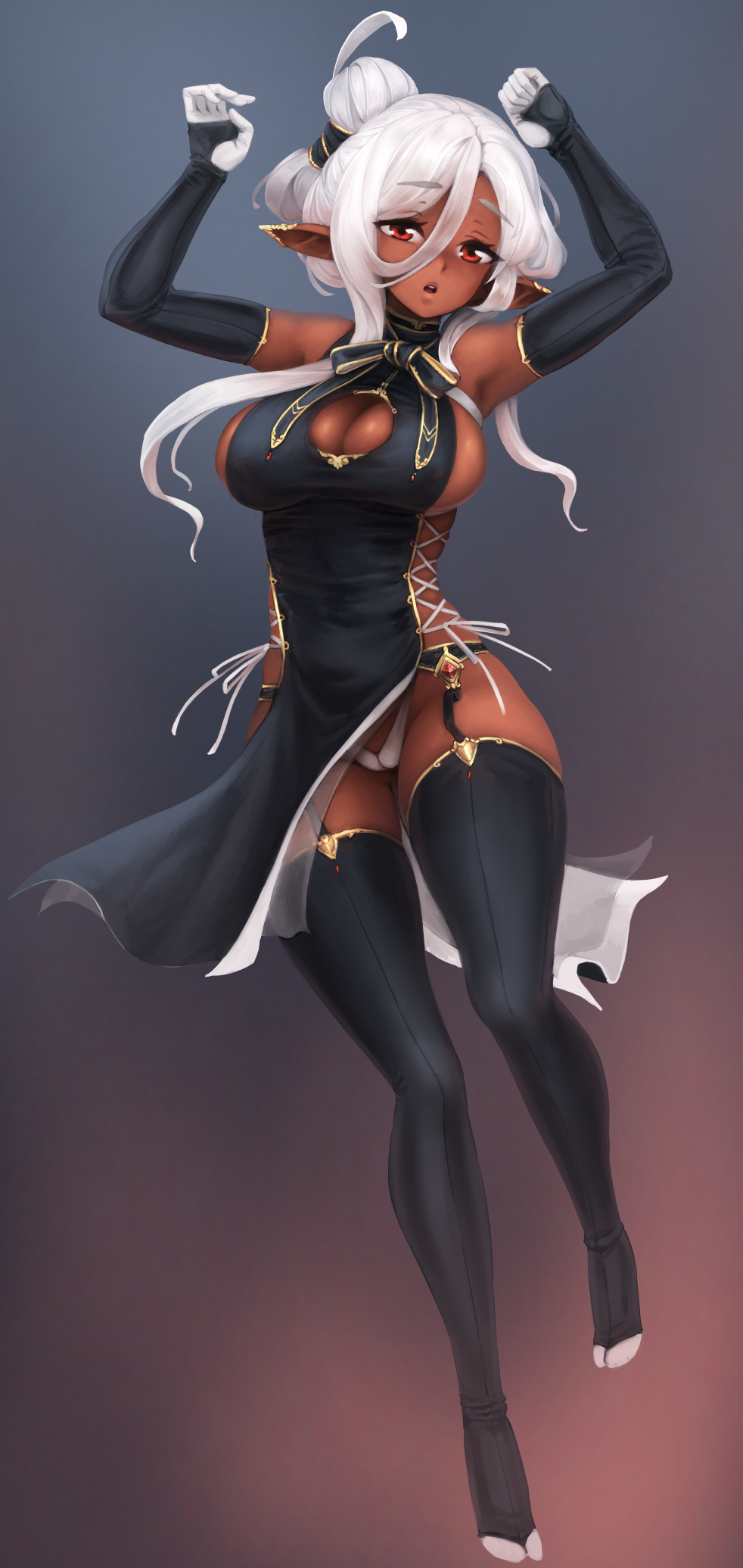 1girl, armpits, barbariank, black_dress, black_garter_belt, black_gloves, black_legwear, breasts