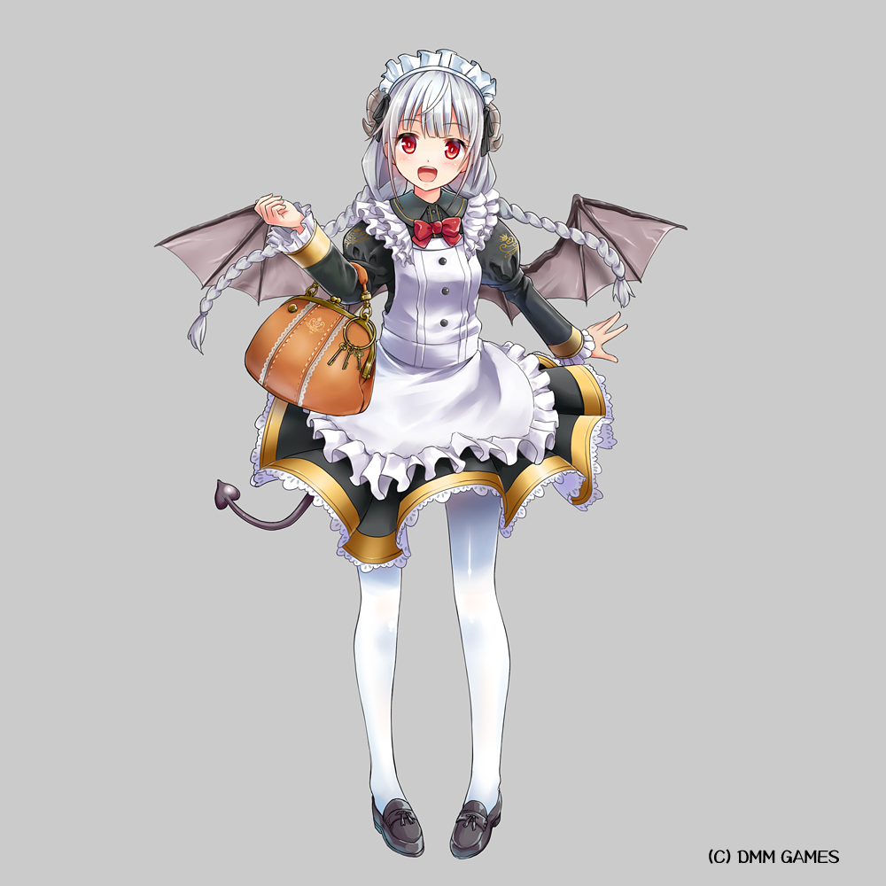 1girl, :d, bag, black_footwear, bow, braids, brown_handbag, company_name
