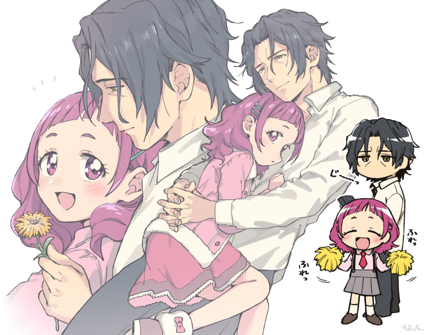 1boy, 1girl, age_difference, black_hair, couple, flower, george_kurai, hair_ornament