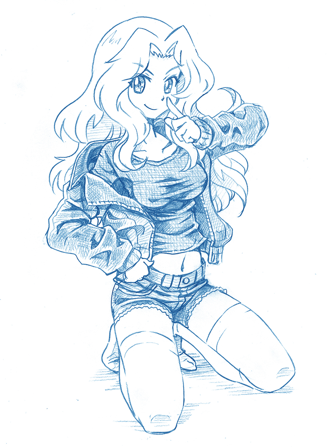 1girl, bbb_(friskuser), belt, bomber_jacket, breasts, collarbone, commentary_request, denim