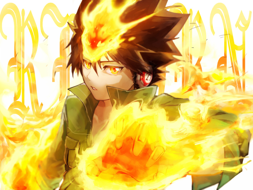 1boy, brown_hair, collarbone, commentary_request, fire, from_side, gloves, green_jacket