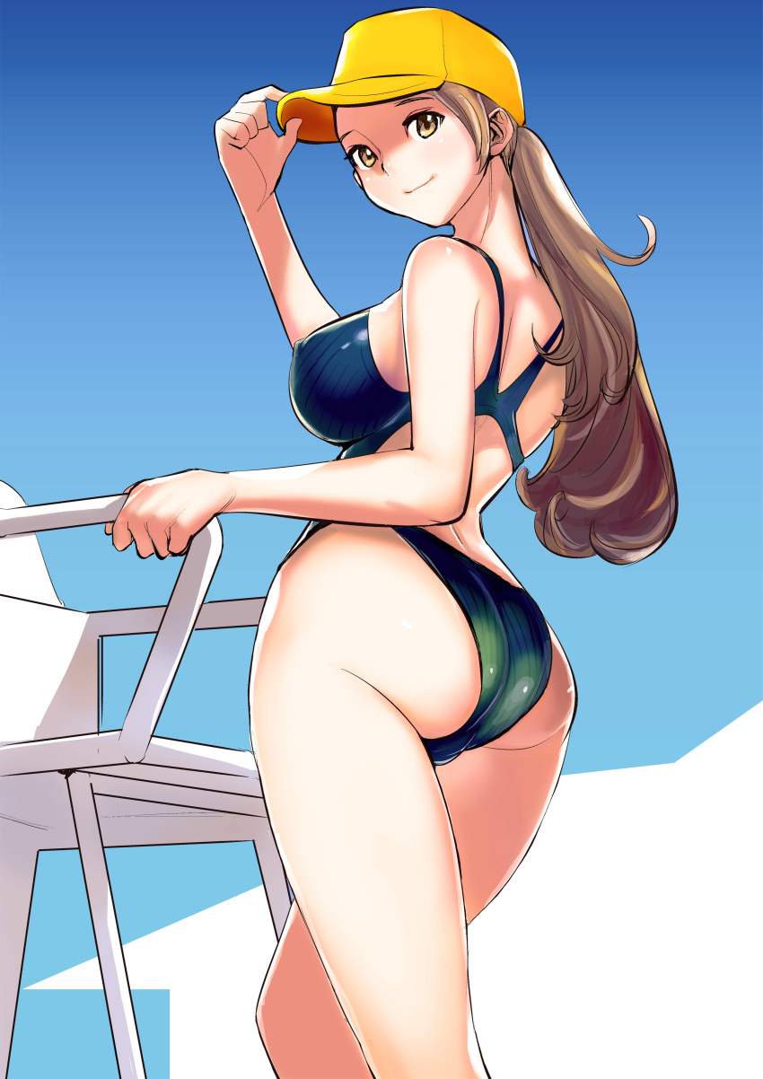 ass, brown_eyes, brown_hair, closed_mouth, competition_swimsuit, curvy, day, dytm