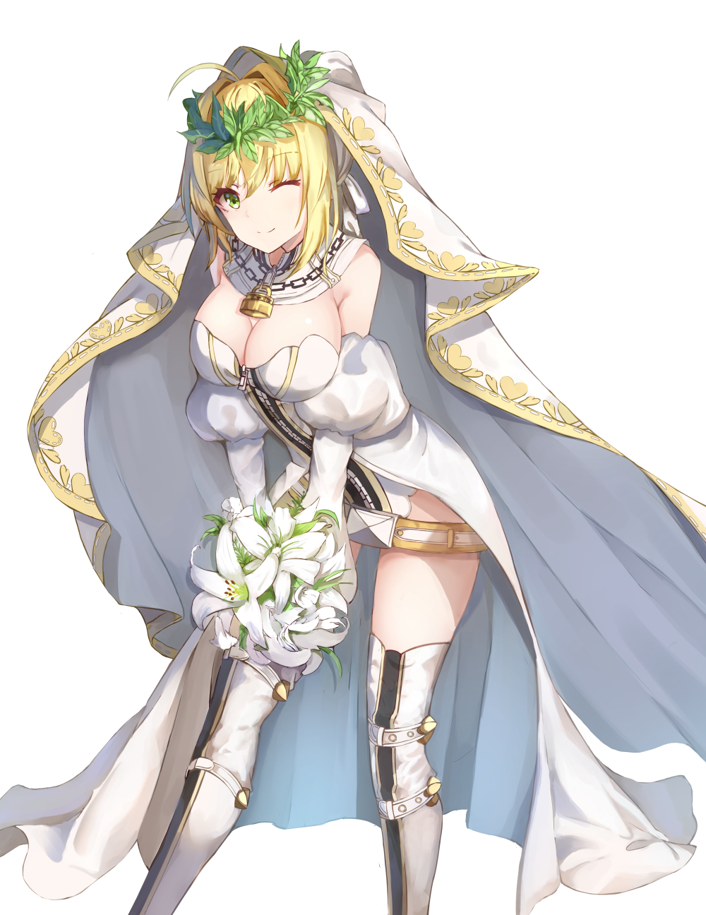 1girl, ;), ahoge, blacktheif, blonde_hair, boots, bouquet, breasts