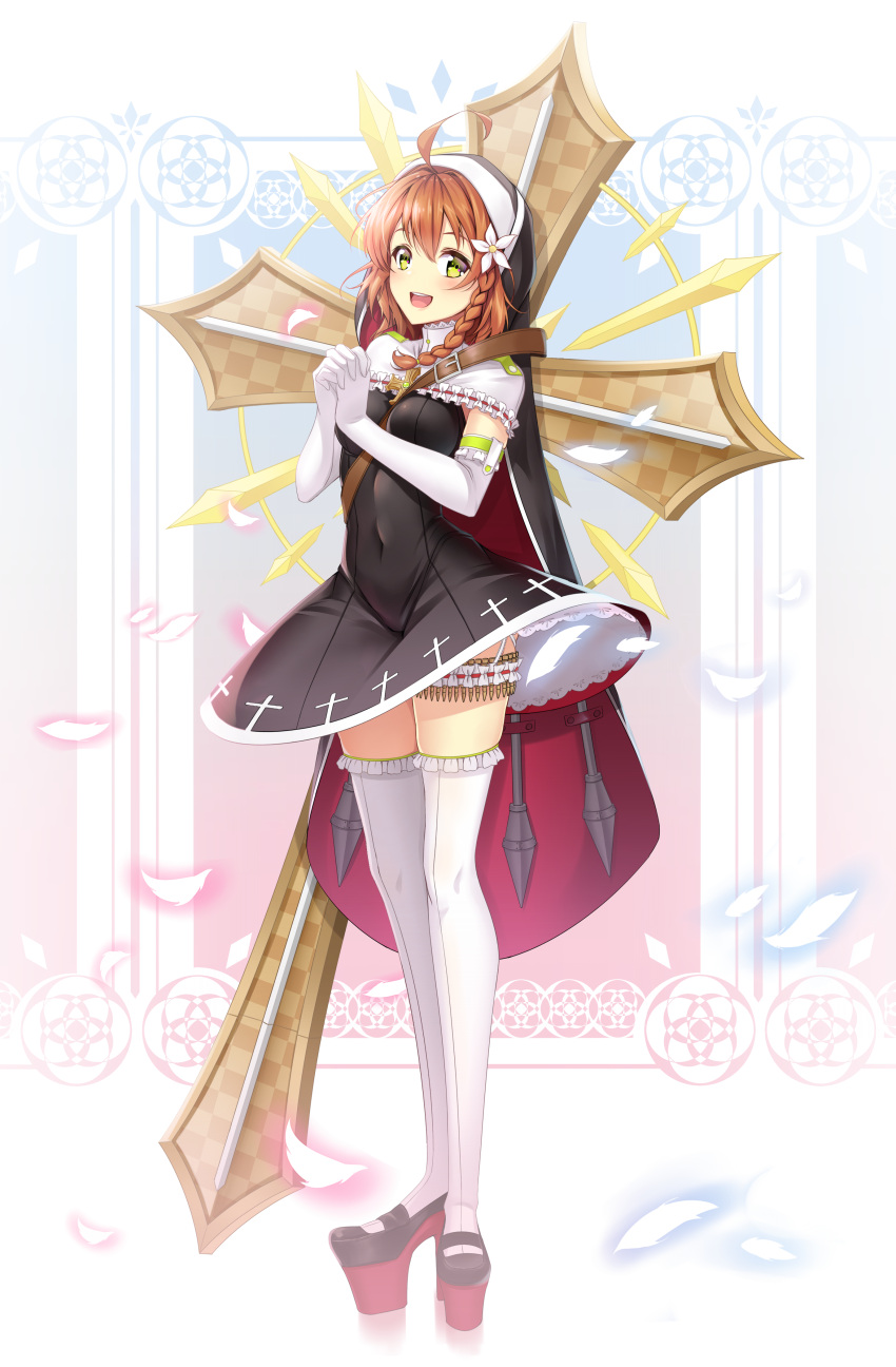 1girl, absurdres, ahoge, black_dress, braid, brown_hair, capelet, covered_navel, cross, dress, elbow_gloves, feathers, frilled_legwear, full_body, gloves, hands_clasped, hands_together, hearts_recollection, highres, interlocked_fingers, koyaya, nun, own_hands_together, short_dress, short_hair, side_braid, single_braid, sleeveless, sleeveless_dress, solo, standing, thigh-highs, thigh_strap, white_capelet, white_gloves, white_legwear