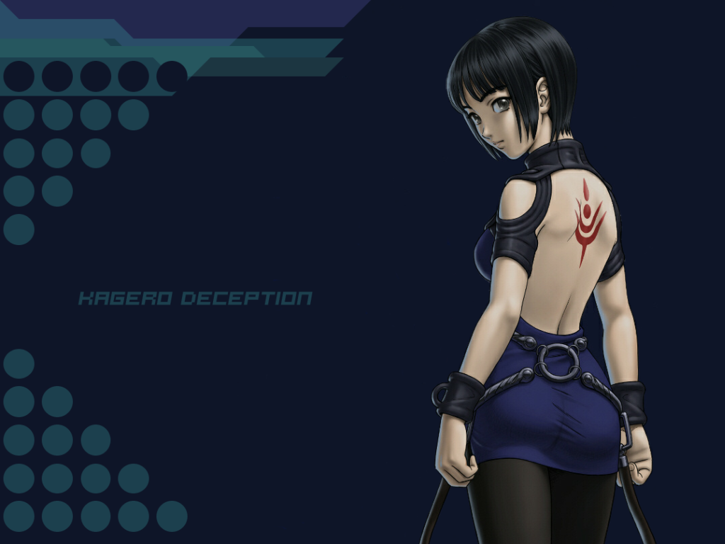 1024x768, black_hair, blue_dress, dress, from_behind, kagero, kagero_deception, looking_back