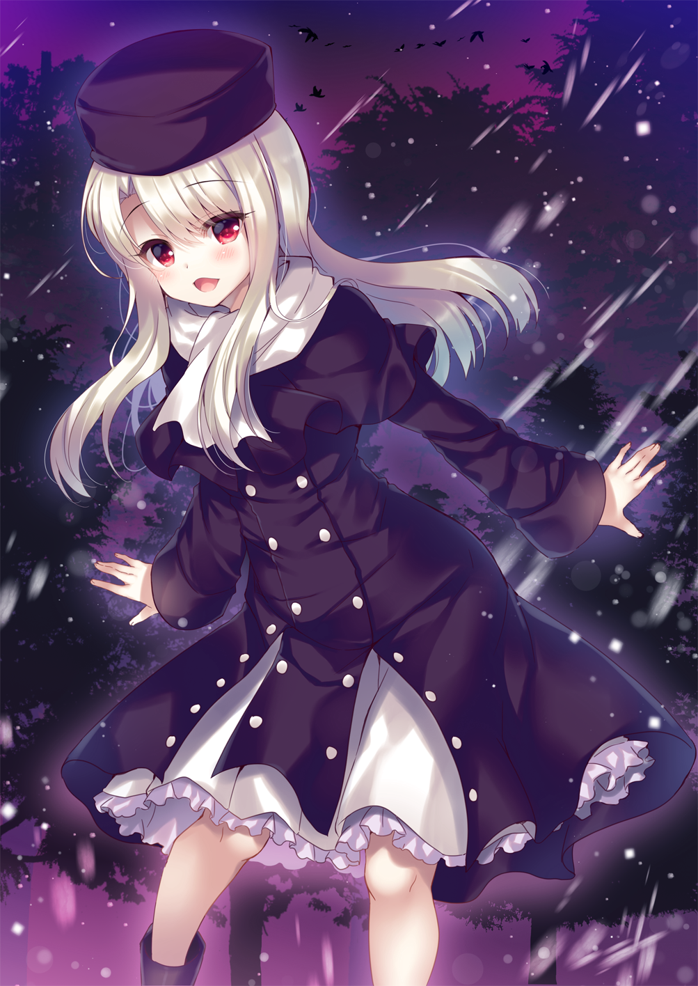 1girl, :d, bangs, blush, boots, capelet, commentary_request, dress