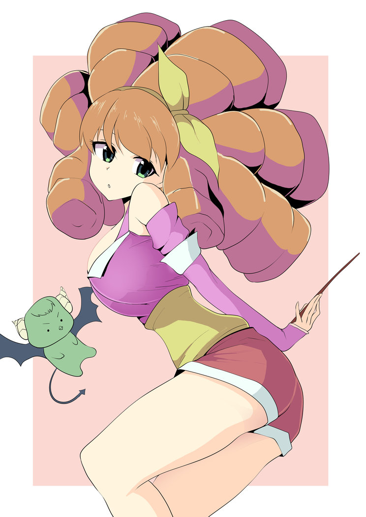 1girl, alternate_costume, bangs, bare_shoulders, big_hair, breasts, detached_sleeves, drill_hair, hair_ornament, hairband, head_tilt, holding, holding_wand, large_breasts, long_hair, looking_at_viewer, maguro_(fufu), melie, orange_hair, radiant, red_shorts, short_shorts, shorts, simple_background, solo, wand, yellow_hairband