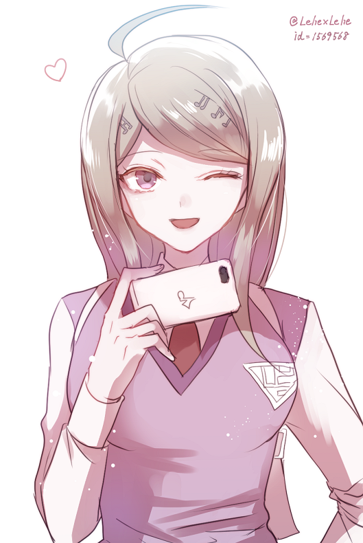1girl, ahoge, akamatsu_kaede, artist_name, blonde_hair, breasts, cellphone, commentary_request