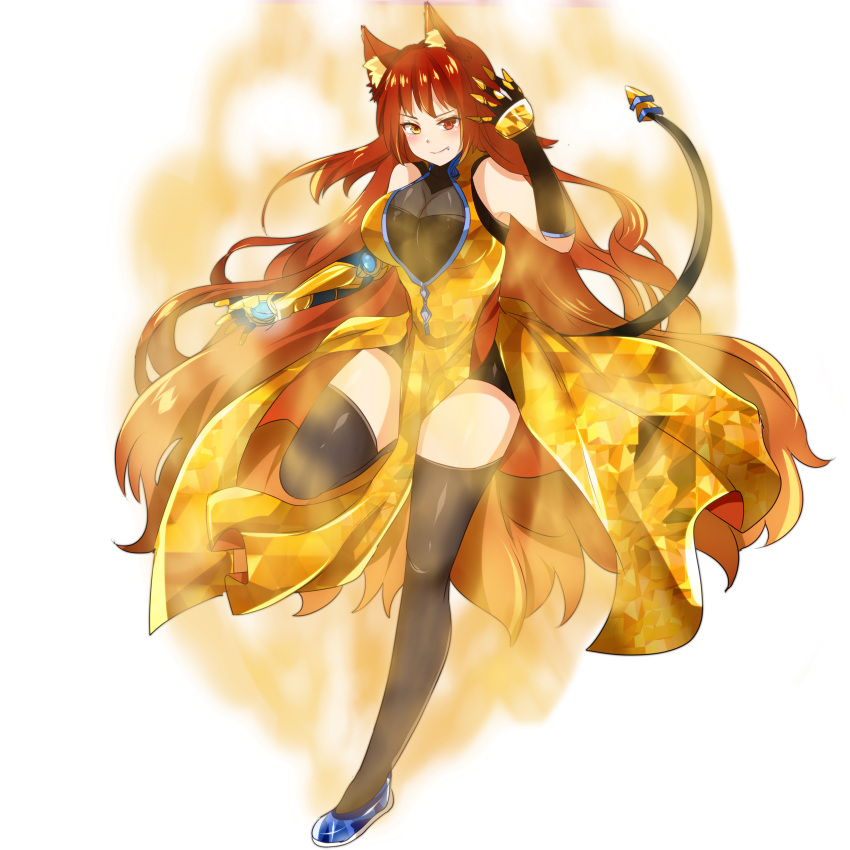 1girl, absurdres, ahoge, aura, avaloki, black_legwear, breasts, commentary