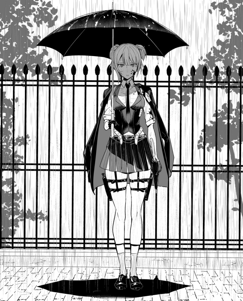 1girl, belt, blood, blood_on_face, breasts, collared_shirt, expressionless, fence