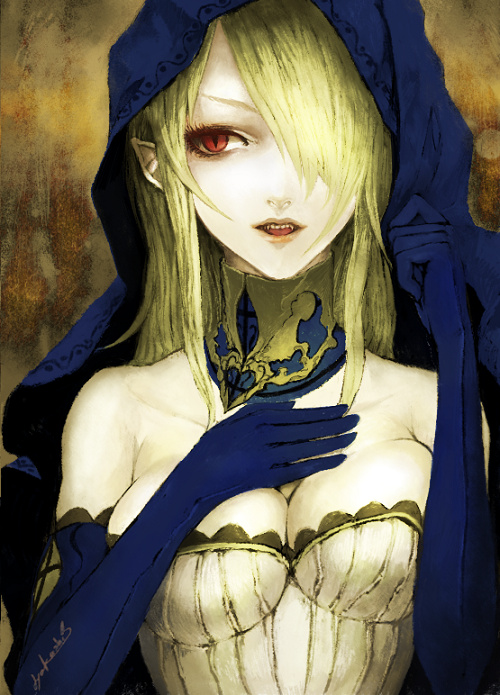 blonde_hair, breasts, cleavage, elbow_gloves, fangs, gloves, hair_over_one_eye, kunimura_hakushi, large_breasts, long_hair, pale_skin, pointy_ears, red_eyes, vampire
