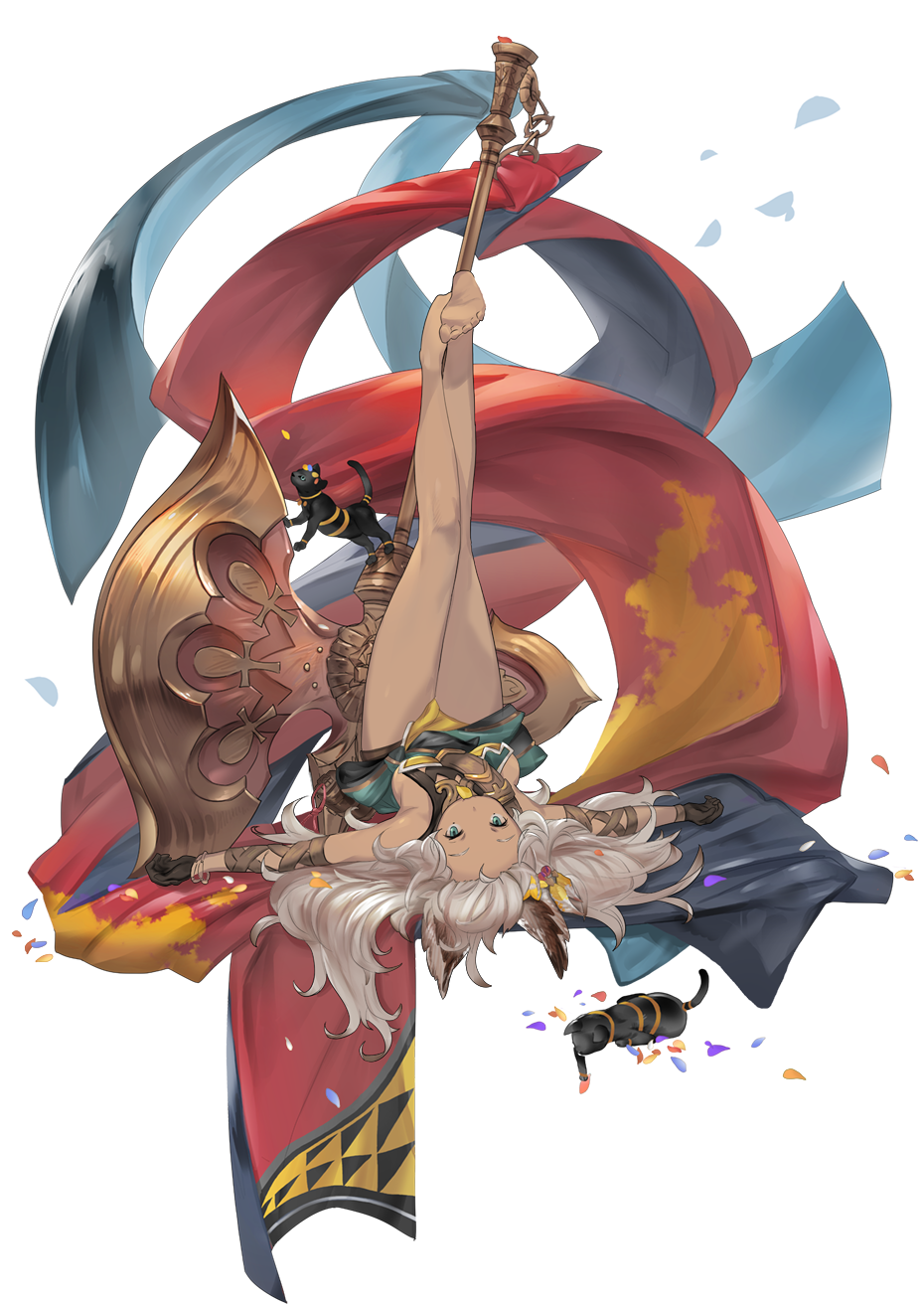 1girl, animal_ears, axe, barefoot, black_gloves, cat, dark_skin, erune