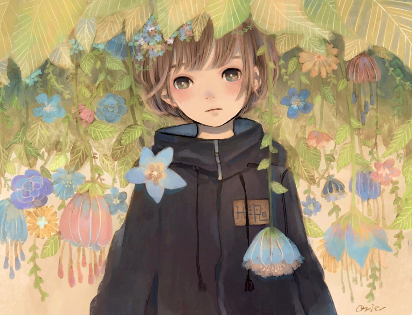 1girl, aqua_flower, bangs, blue_flower, blush, brown_hair, expressionless, flower, hanging_from_ceiling, highres, leaf, looking_at_viewer, name_tag, orie_h, original, pink_flower, short_hair, signature, solo, upper_body, yellow_flower
