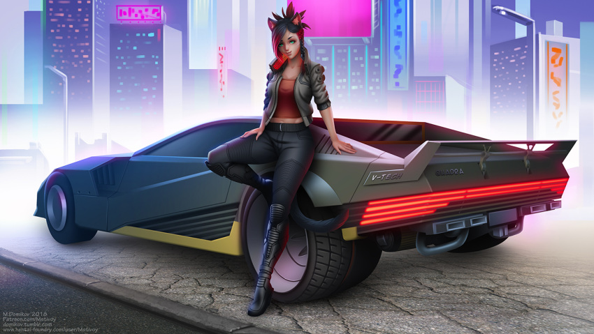 1girl, animal_ears, black_hair, braid, car, cat_ears, cat_tail, city