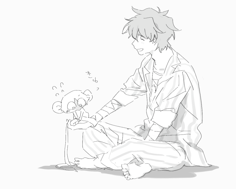 1boy, animal, bandage, bandaged_arm, bandages, barefoot, between_legs, blush