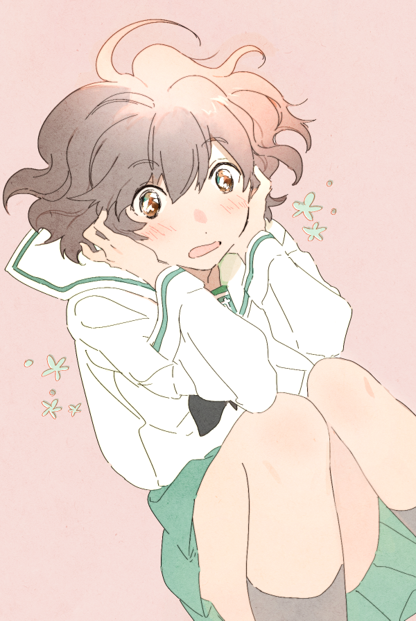 1girl, akiyama_yukari, bangs, black_legwear, black_neckwear, blush, brown_eyes, brown_hair