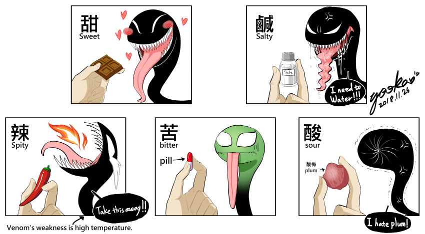 absurdres, anger_vein, bilingual, blush_stickers, chili, chocolate, crying, dated, english_text, expressions, fire, food, happy, heart, highres, long_tongue, marvel, open_mouth, pill, plum, saliva, salt, sharp_teeth, signature, solo, symbiote, teeth, tongue, tongue_out, typo, venom_(marvel), yooko