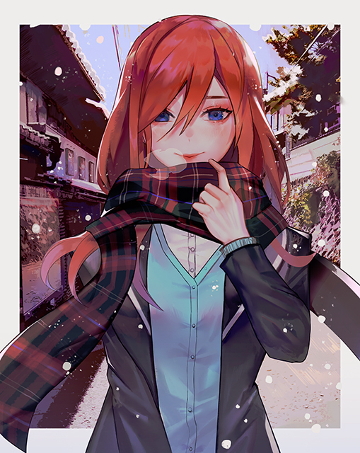 1girl, blue_eyes, blue_vest, border, building, commentary_request, go-toubun_no_hanayome, grey_border