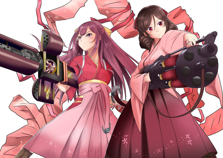 2girls, bow, breasts, brown_hair, commentary_request, cross_punisher, drill_hair, frown, gun, hair_bow, harukaze_(kantai_collection), holding, holding_weapon, japanese_clothes, kamikaze_(kantai_collection), kantai_collection, kimono, long_hair, machine_gun, medium_breasts, meiji_schoolgirl_uniform, mokerou, multiple_girls, pink_kimono, pink_ribbon, purple_hair, red_eyes, ribbon, simple_background, smile, trigun, twin_drills, umbrella, violet_eyes, weapon, white_background