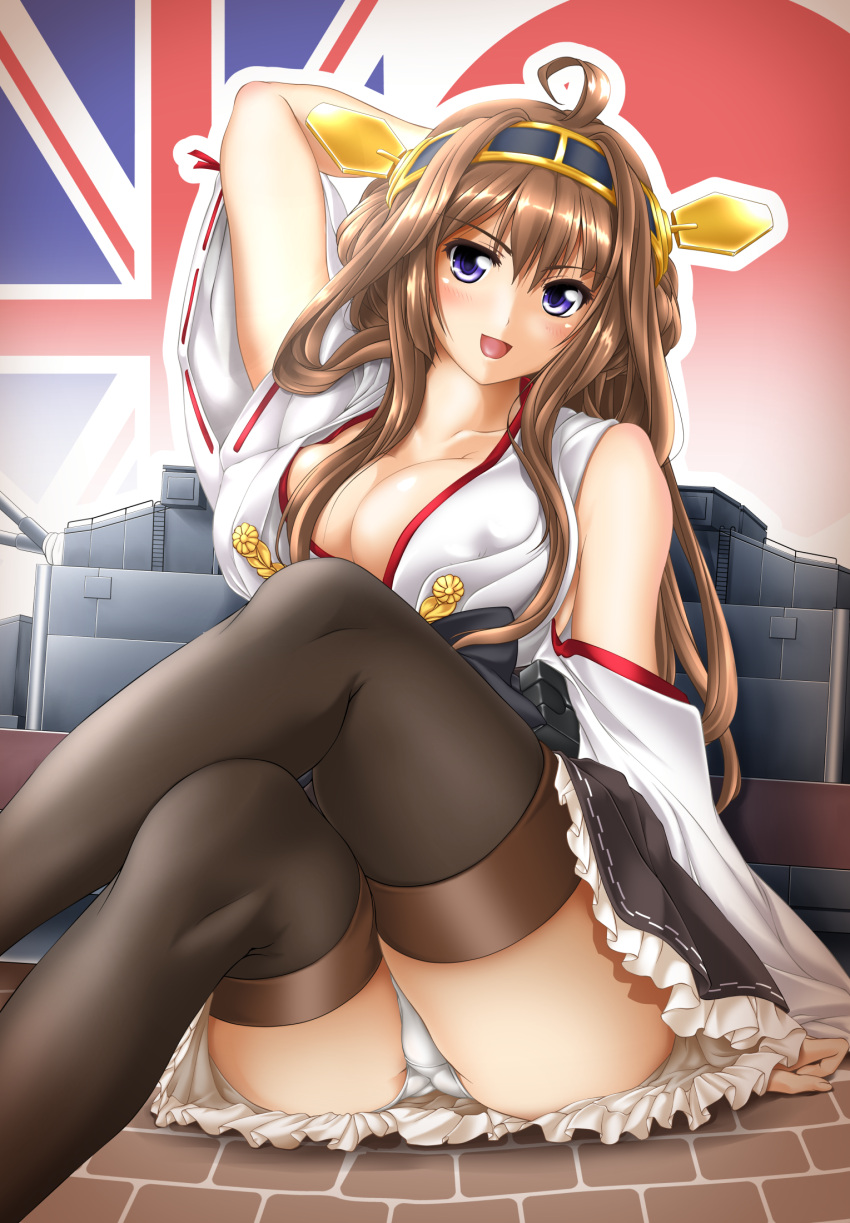 1girl, :d, ahoge, arm_behind_head, ass, black_legwear, black_skirt, blush