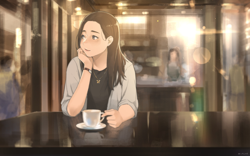 1girl, blurry, blurry_background, brown_eyes, brown_hair, chin_rest, coffee_mug, commentary