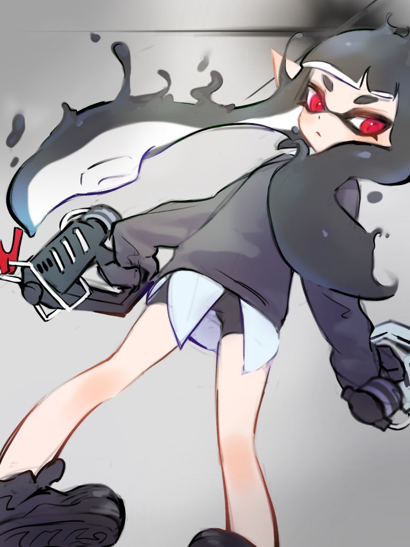 1girl, bangs, bike_shorts, black_footwear, black_hair, black_sweater, blunt_bangs, closed_mouth