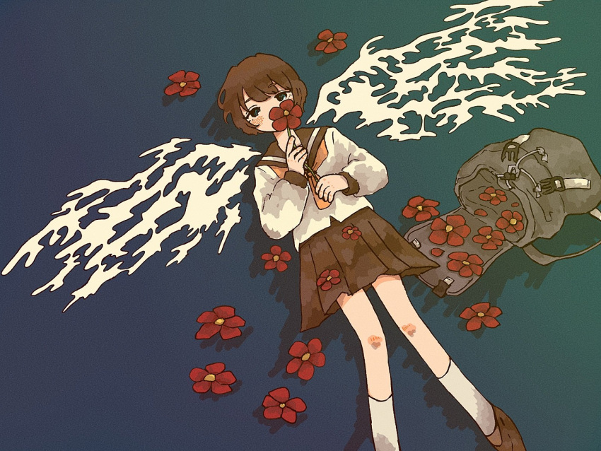 1girl, ascot, bag, black_sailor_collar, blush, brown_footwear, brown_hair, covered_mouth