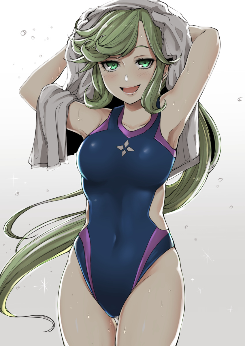 1girl, 510ksk, :d, arm_up, armpits, blush, breasts, collarbone, commentary_request, competition_swimsuit, covered_navel, cowboy_shot, gradient, gradient_background, green_eyes, green_hair, grimoire_~shiritsu_grimoire_mahou_gakuen~, hattori_azusa, highres, long_hair, looking_at_viewer, medium_breasts, one-piece_swimsuit, open_mouth, ponytail, smile, solo, sparkle, swimsuit, thigh_gap, towel, towel_on_head, very_long_hair, water_drop, wet