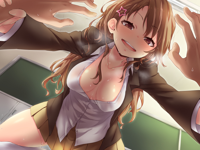 1girl, :d, absurdres, blush, breasts, brown_eyes, brown_hair, brown_skirt