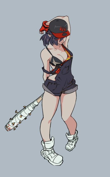 1girl, baseball_bat, baseball_cap, black_hair, blood, breasts, cleavage, crossover