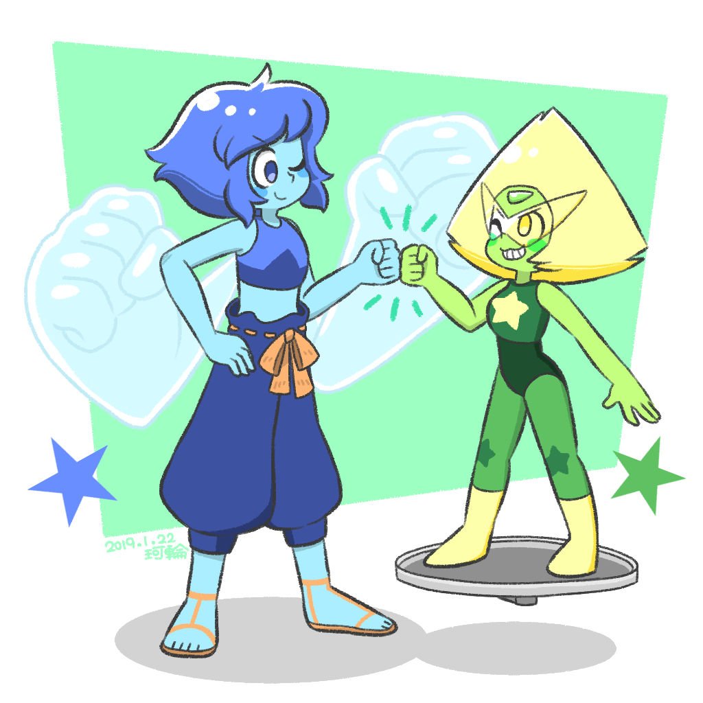 2girls, alternate_costume, blue_hair, blue_pants, blue_skin, blush_stickers, boots, element_bending, elemental_wings, fist_bump, floating, forehead_jewel, full_body, green_hair, green_skin, halter_top, halterneck, hand_on_hip, karin_(100100), lapis_lazuli_(steven_universe), looking_at_another, midriff, multiple_girls, one_eye_closed, pants, peridot_(steven_universe), sandals, smile, spoilers, standing, star, star_print, steven_universe, sunglasses, trashcan_lid, water